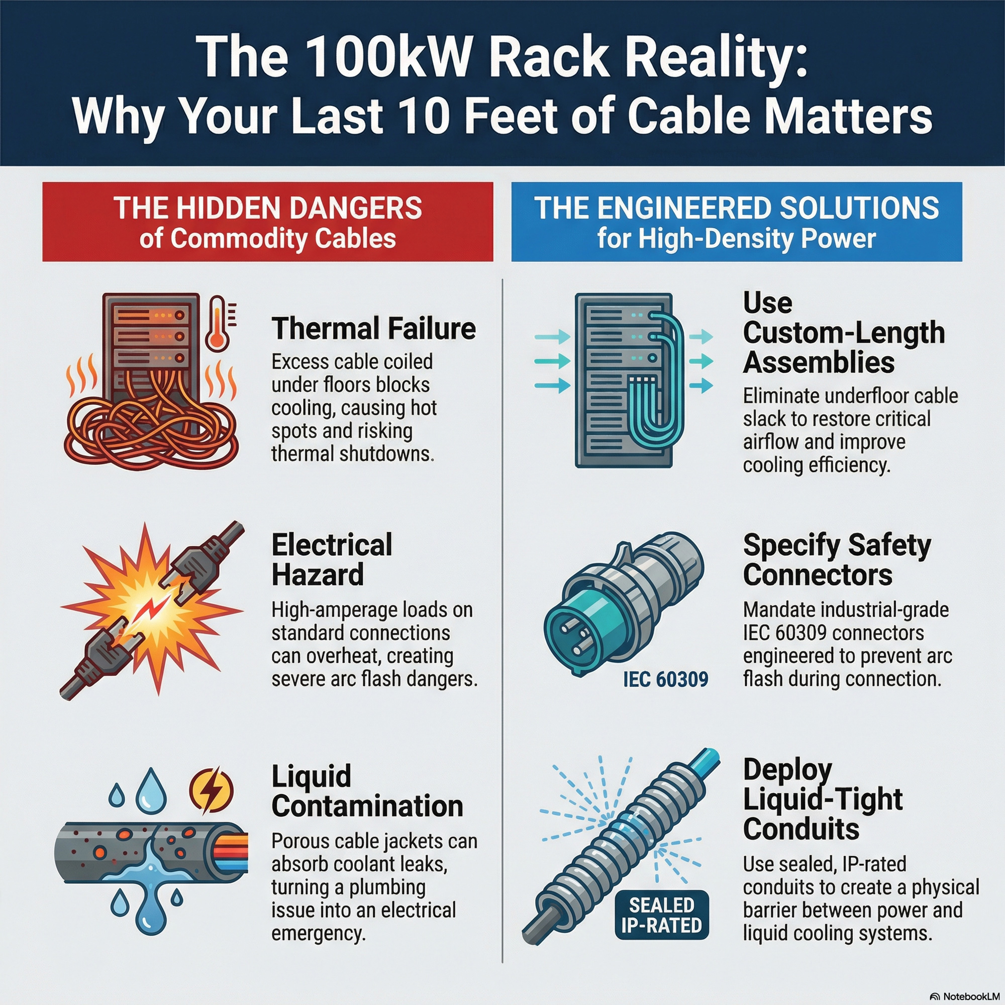 Infographic displaying the engineering challenges of 100kW racks and how GCG aims to solve it.