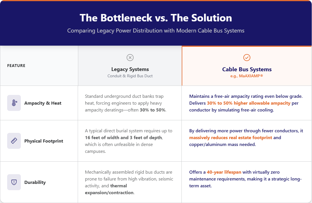 Infographic showing the bottleneck of legacy systems vs adapating modern cable bus systems
